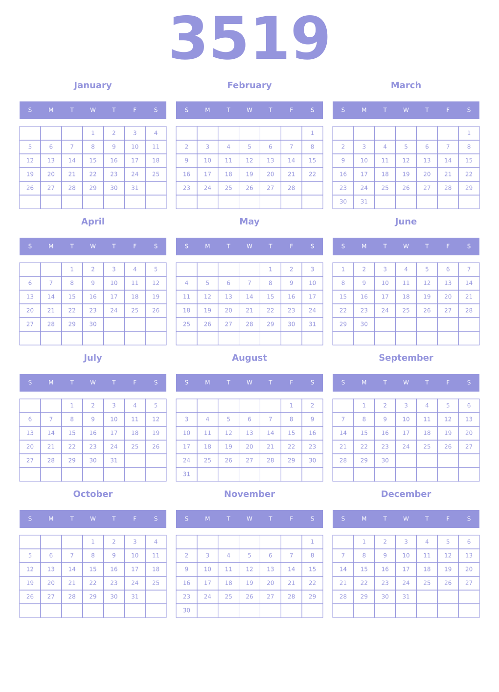 Printable 3519 Year Calendars periwinkle