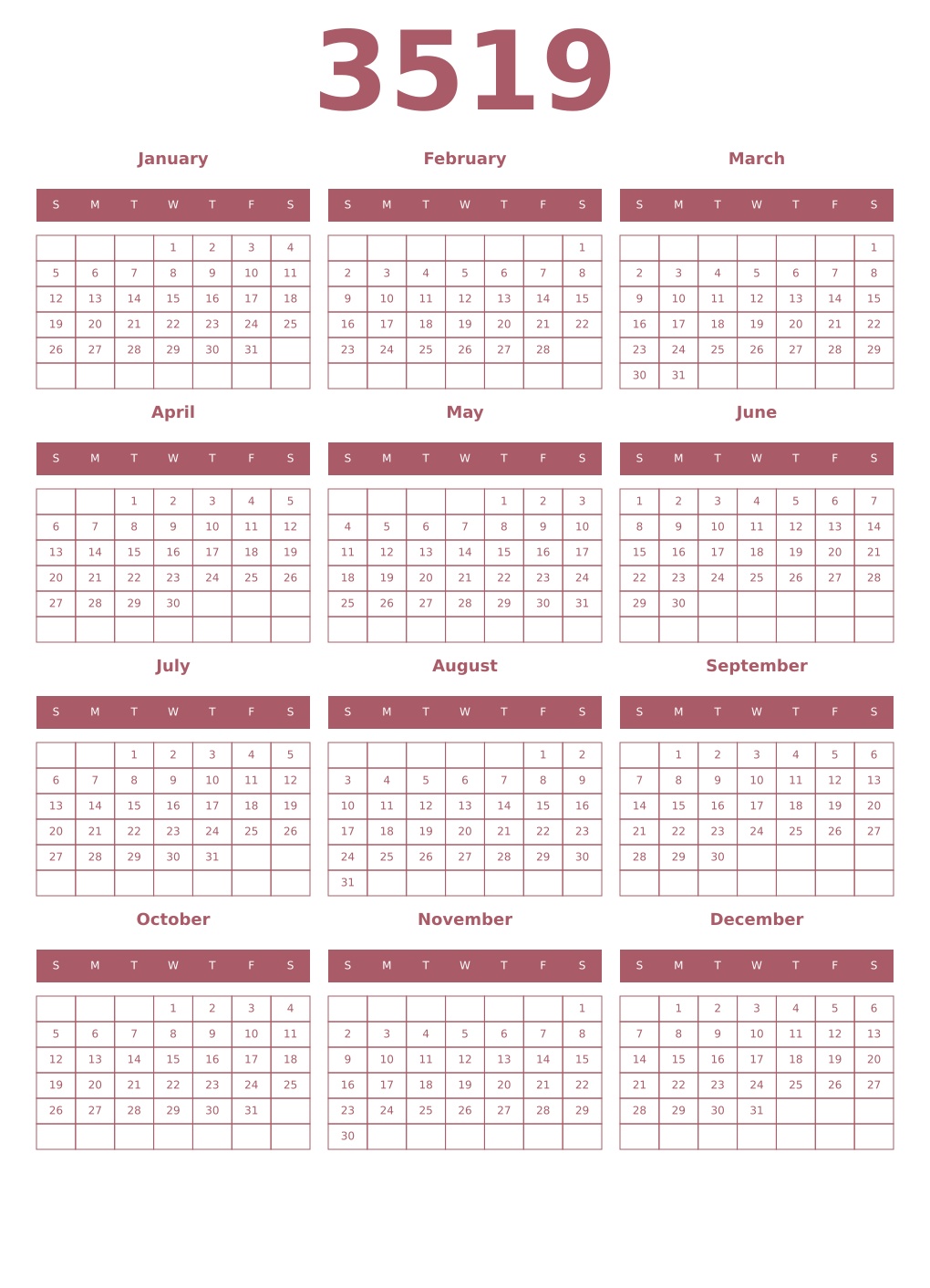 Printable 3519 Year Calendars puce