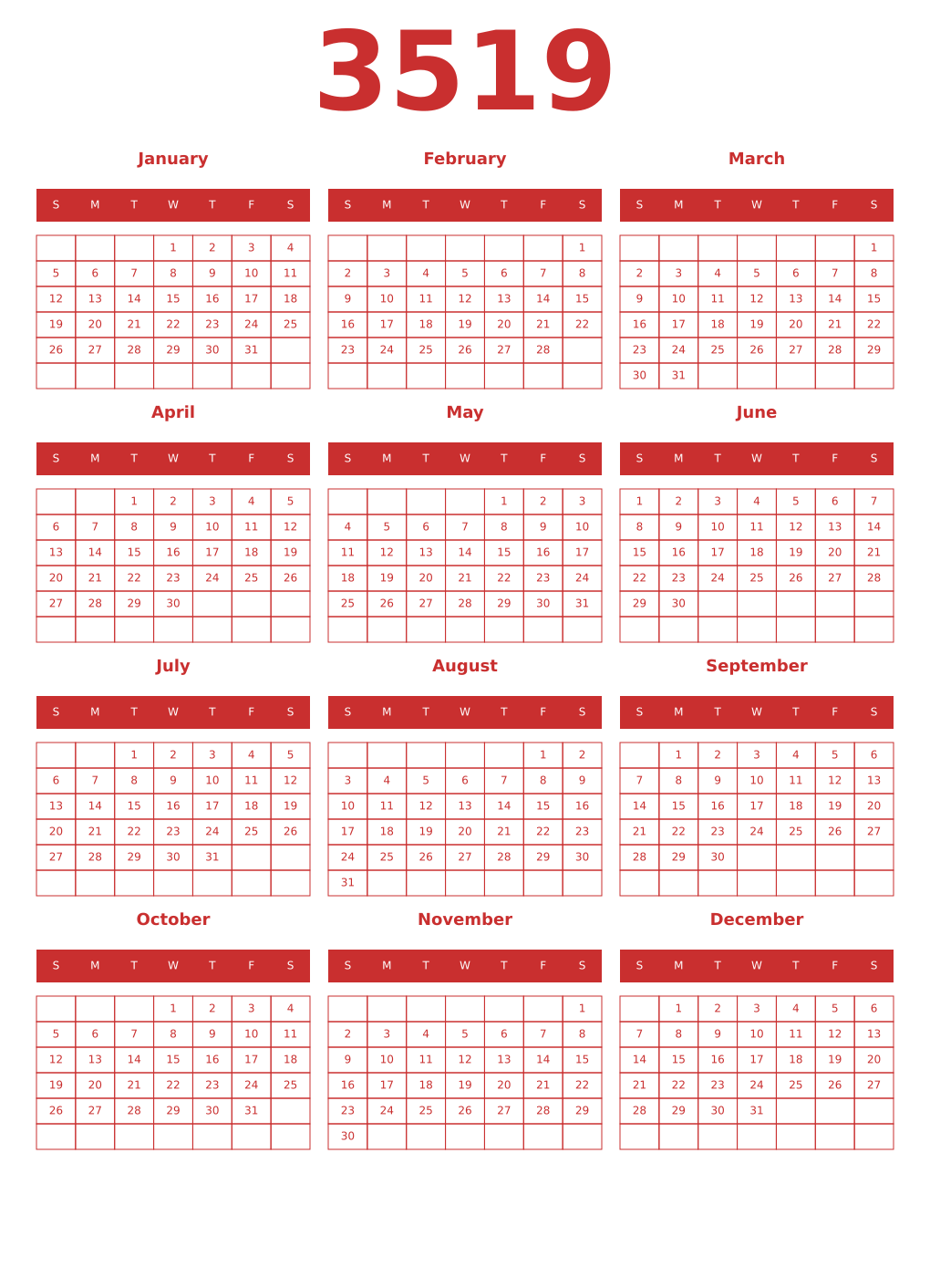 Printable 3519 Year Calendars red