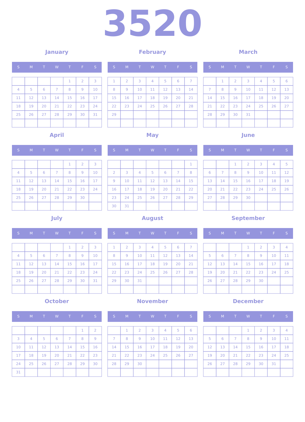 Printable 3520 Year Calendars periwinkle