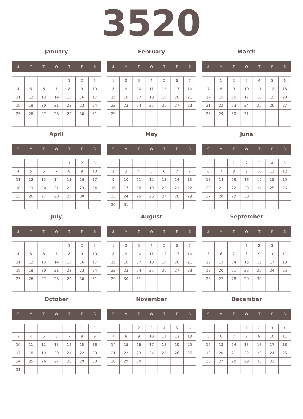 Printable 3520 Year Calendars wenge