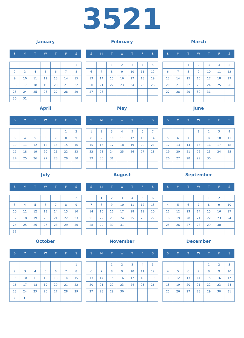 Printable 3521 Year Calendars blue