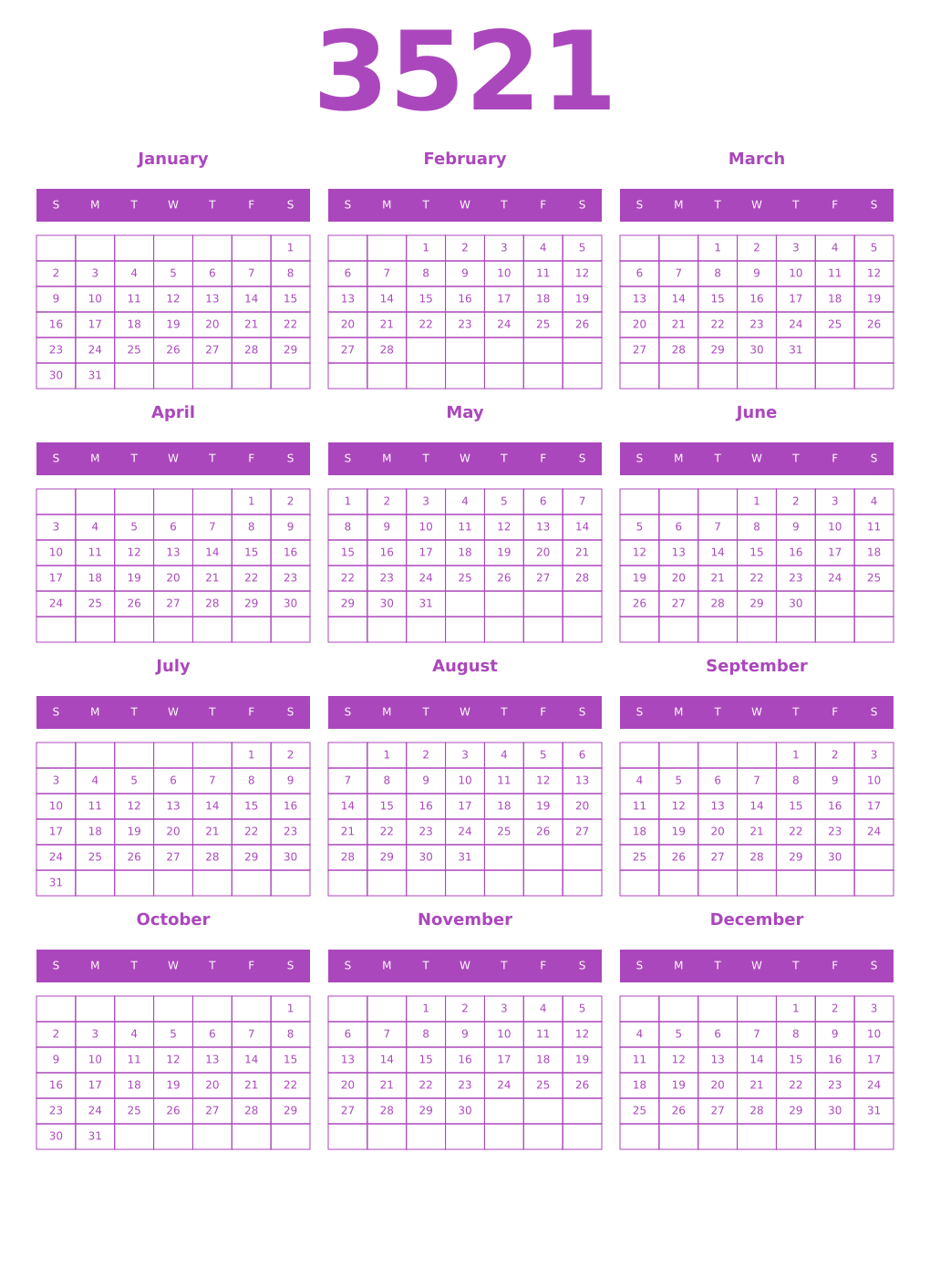 Printable 3521 Year Calendars purple