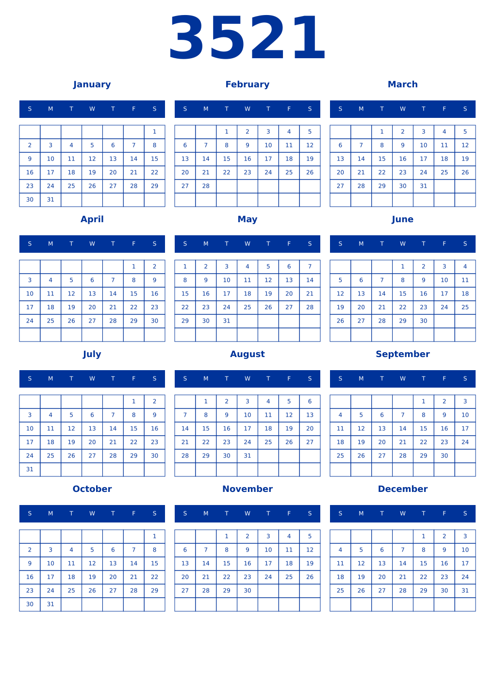 Printable 3521 Year Calendars smalt