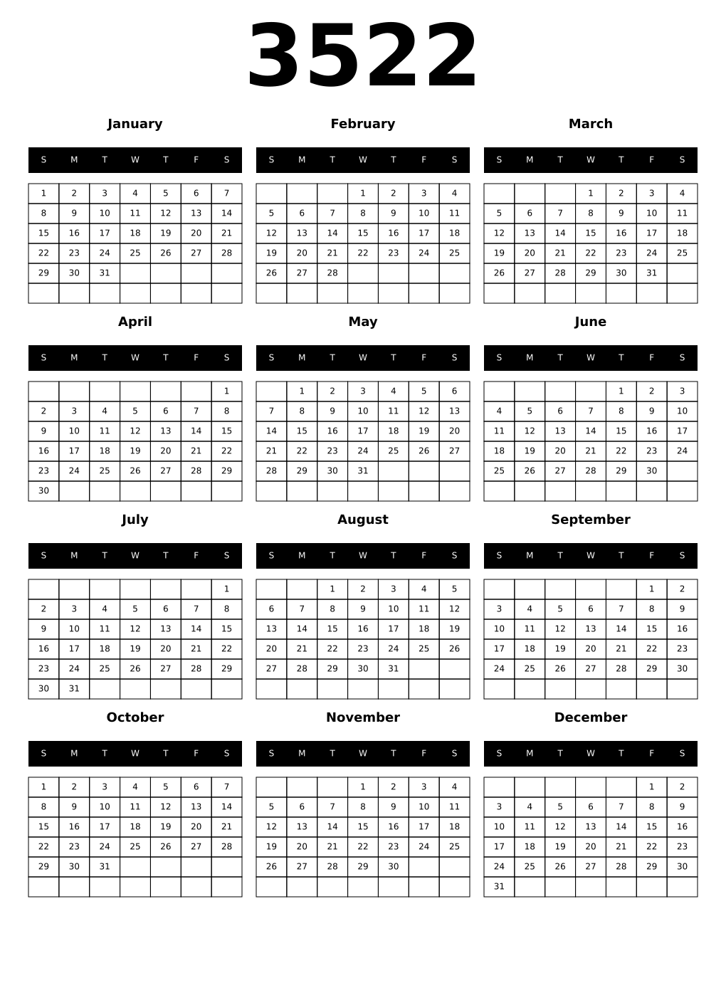 Printable 3522 Year Calendars black