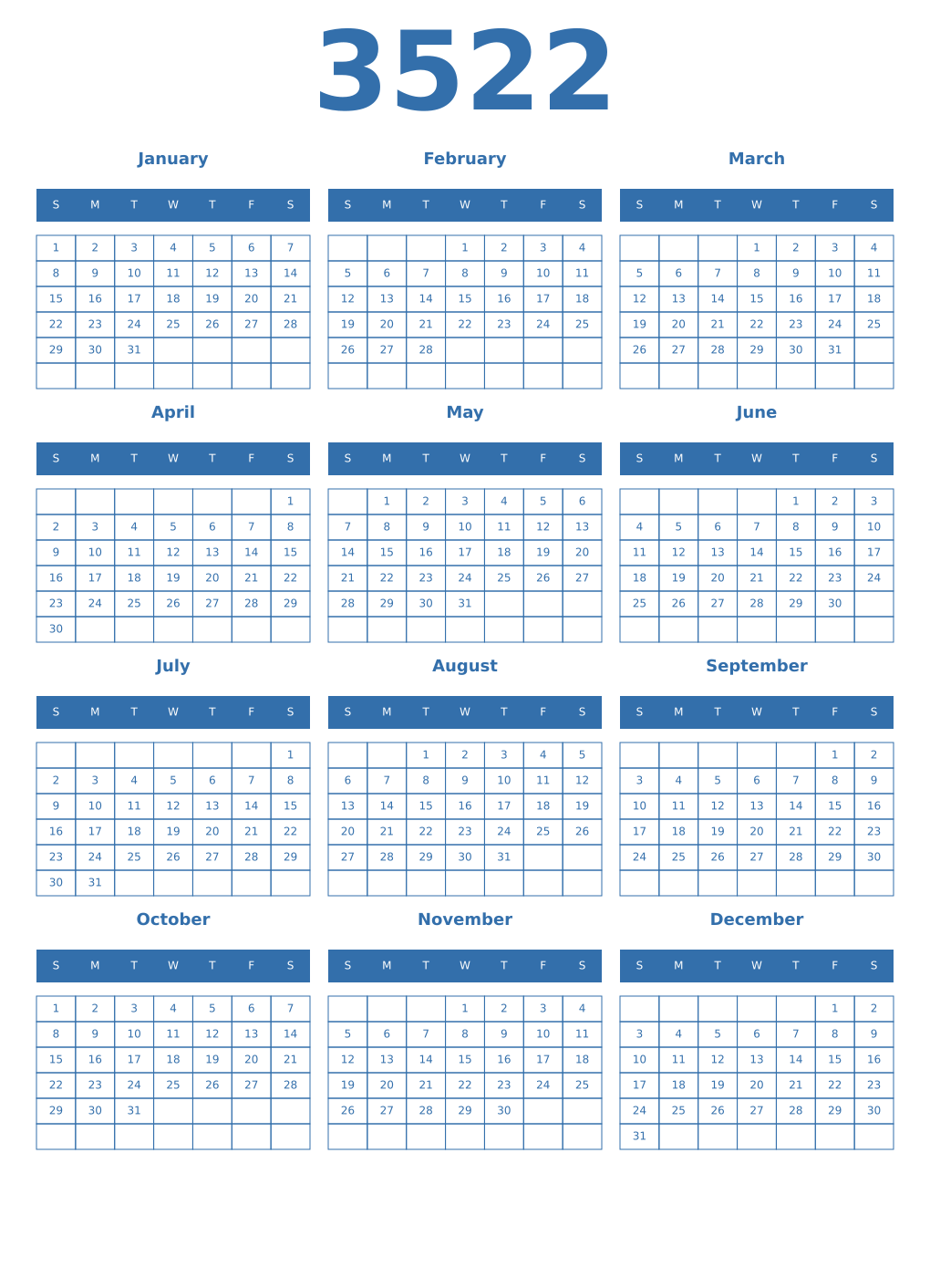 Printable 3522 Year Calendars blue