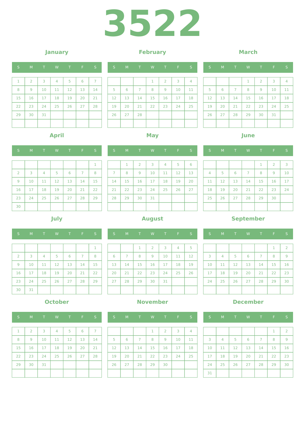 Printable 3522 Year Calendars celadon