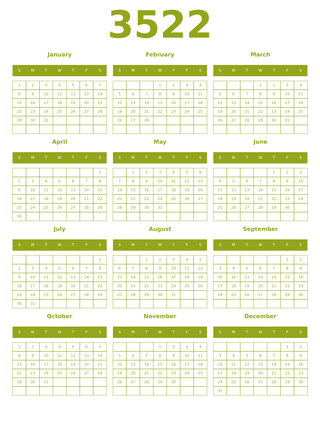 Printable 3522 Year Calendars chartreuse