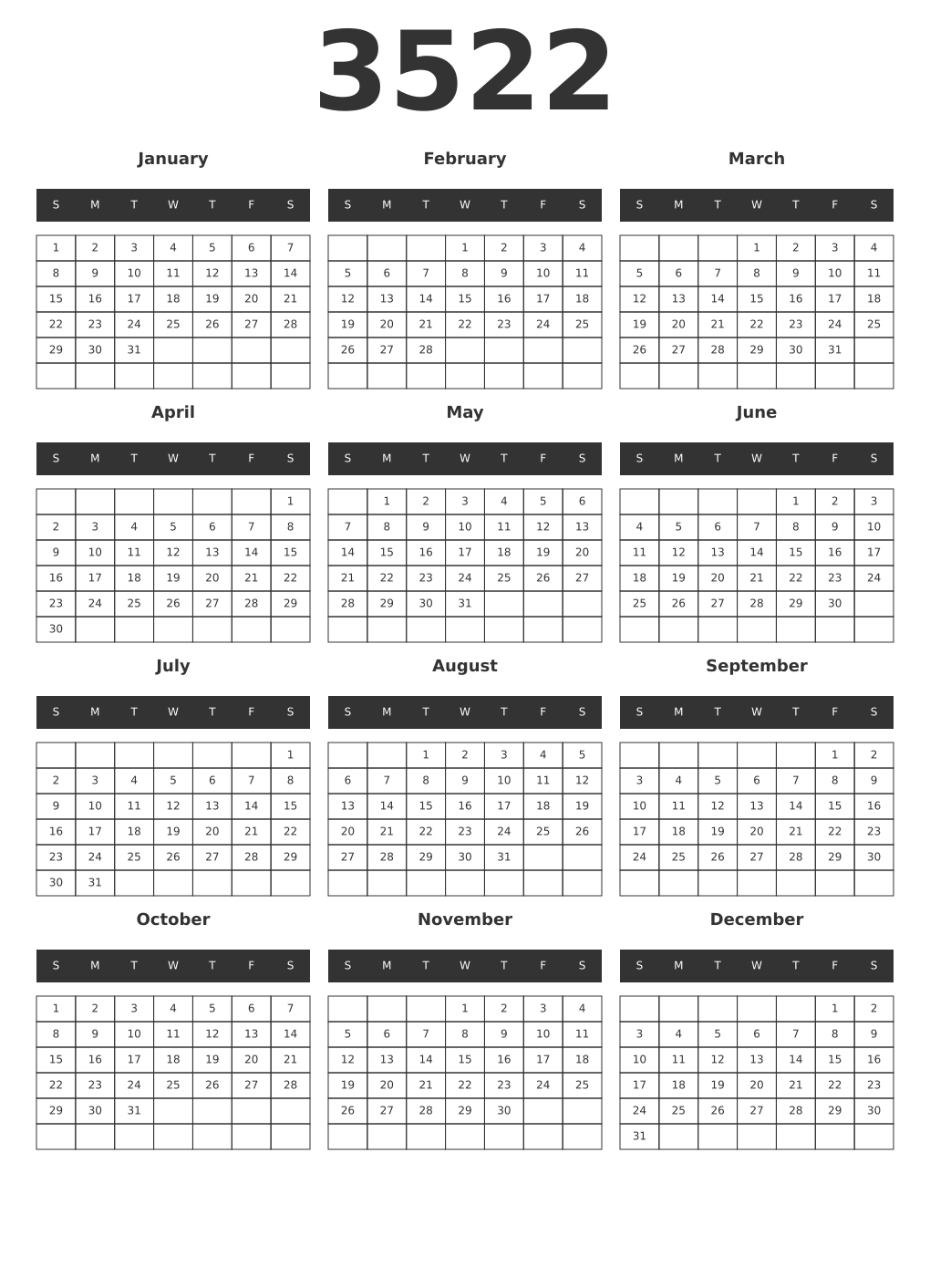 Printable 3522 Year Calendars dark