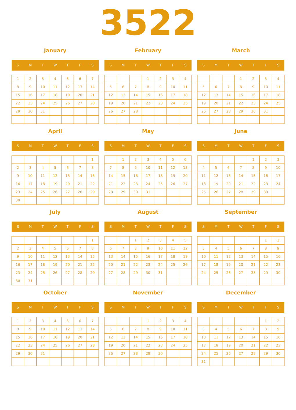 Printable 3522 Year Calendars gamboge