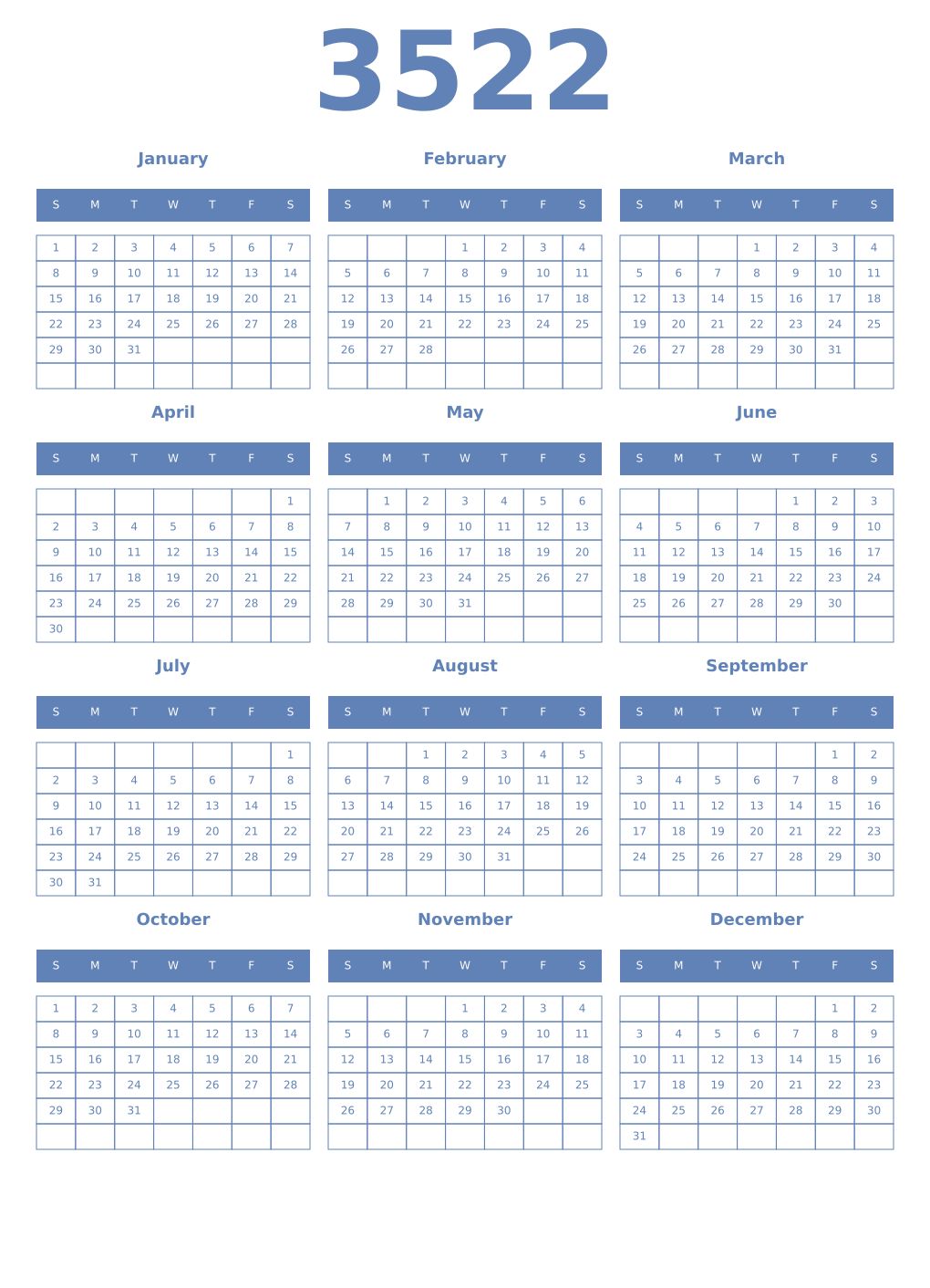 Printable 3522 Year Calendars glaucous