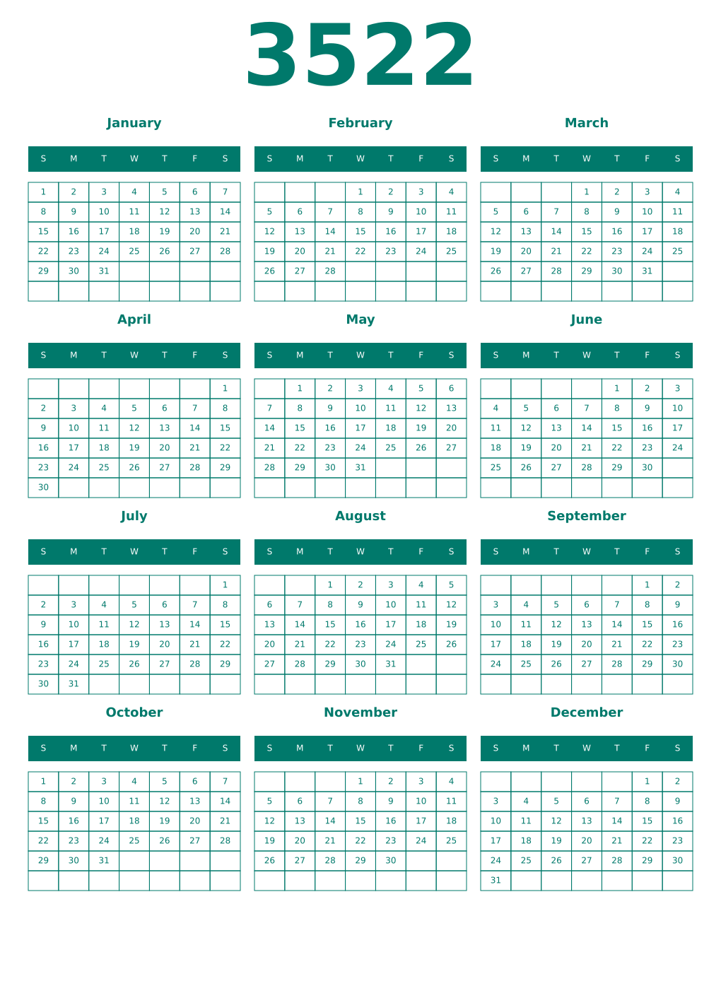 Printable 3522 Year Calendars pastel