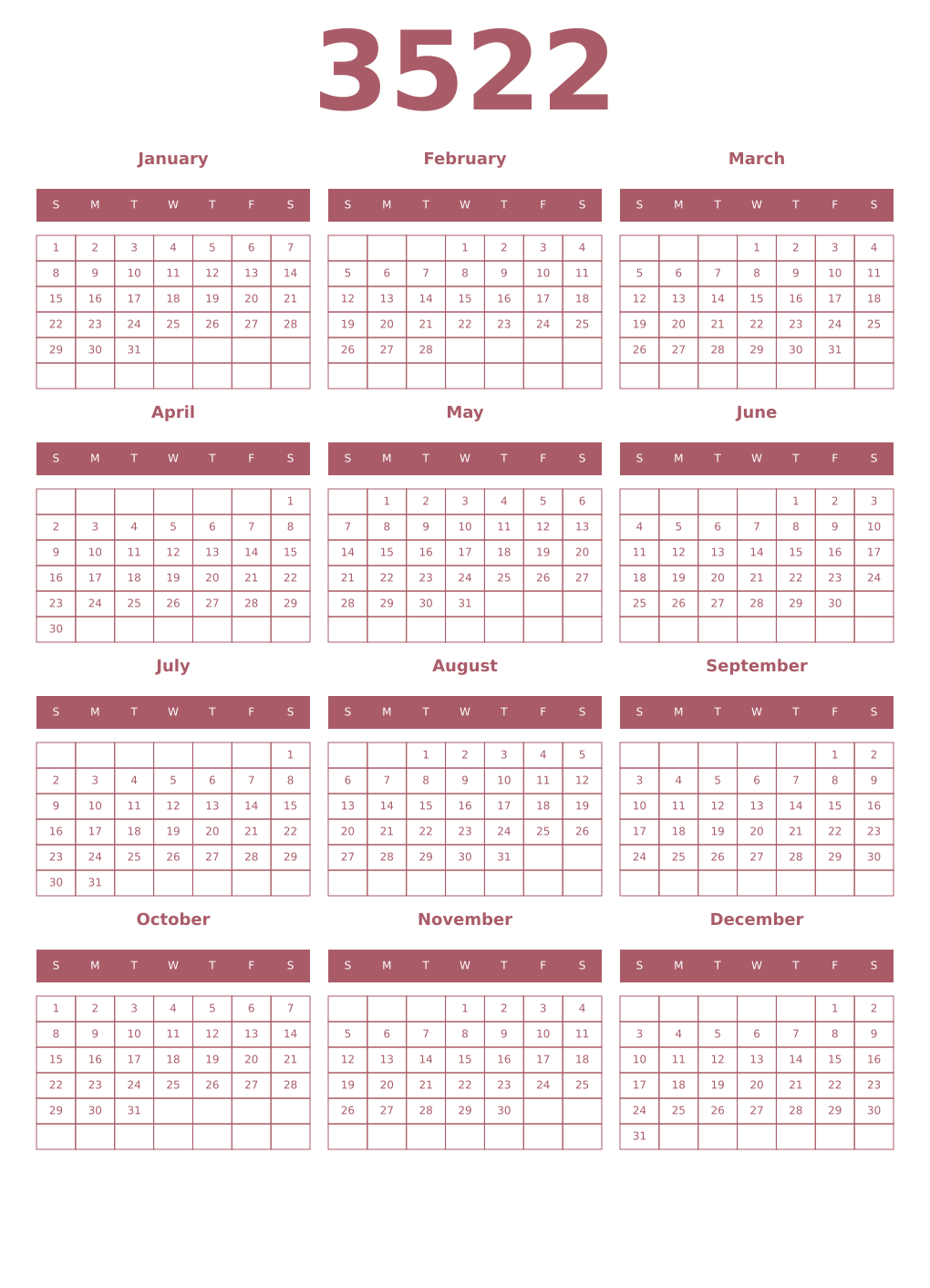 Printable 3522 Year Calendars puce
