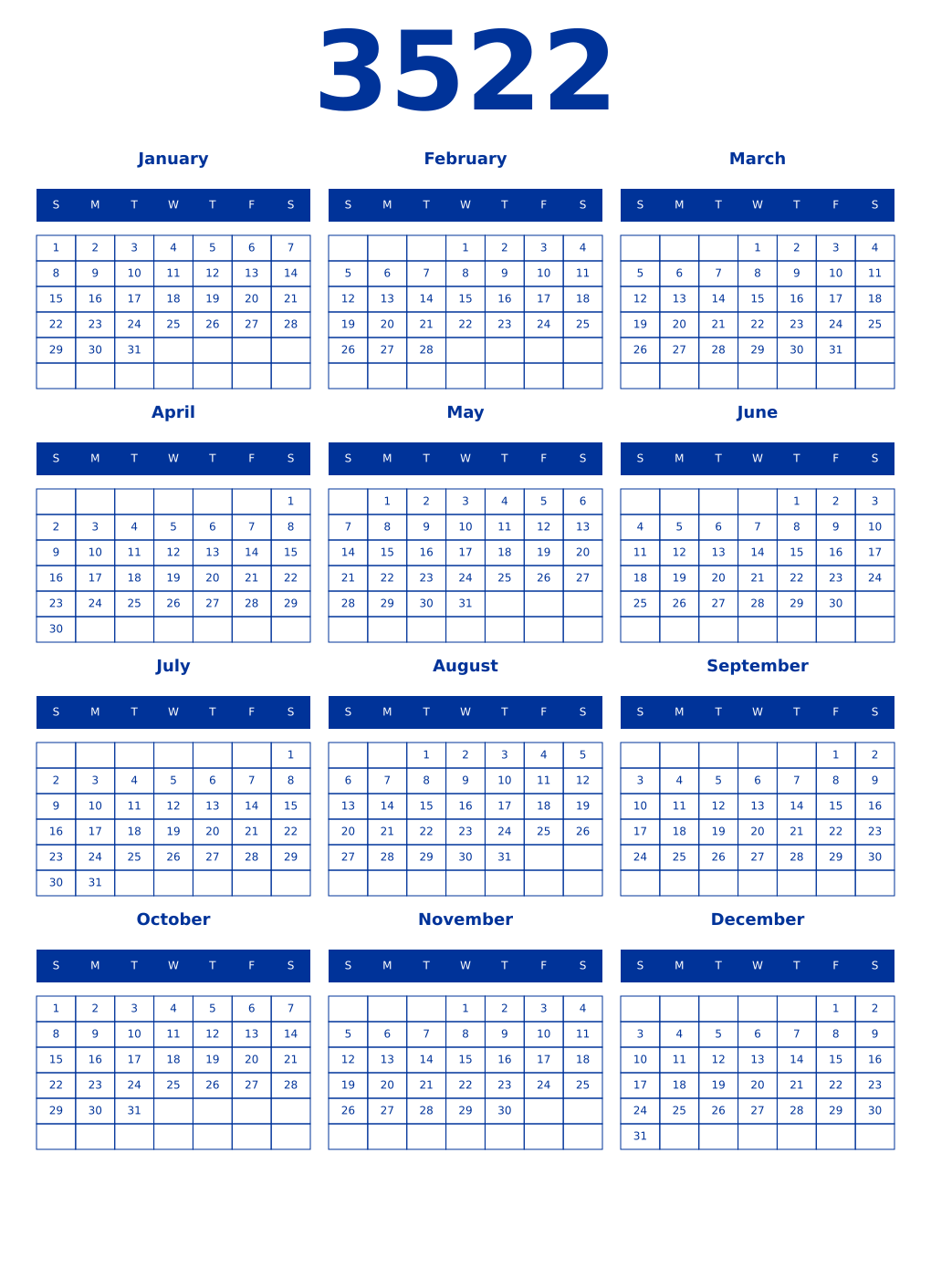 Printable 3522 Year Calendars smalt