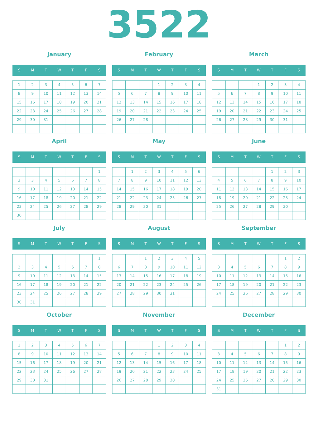 Printable 3522 Year Calendars verdigris