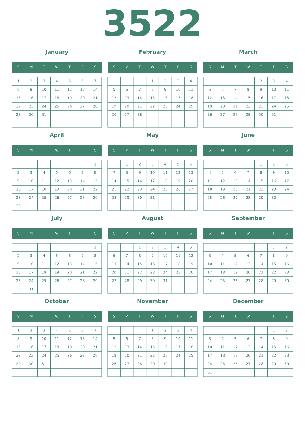 Printable 3522 Year Calendars viridian