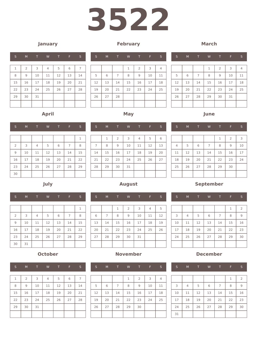 Printable 3522 Year Calendars wenge