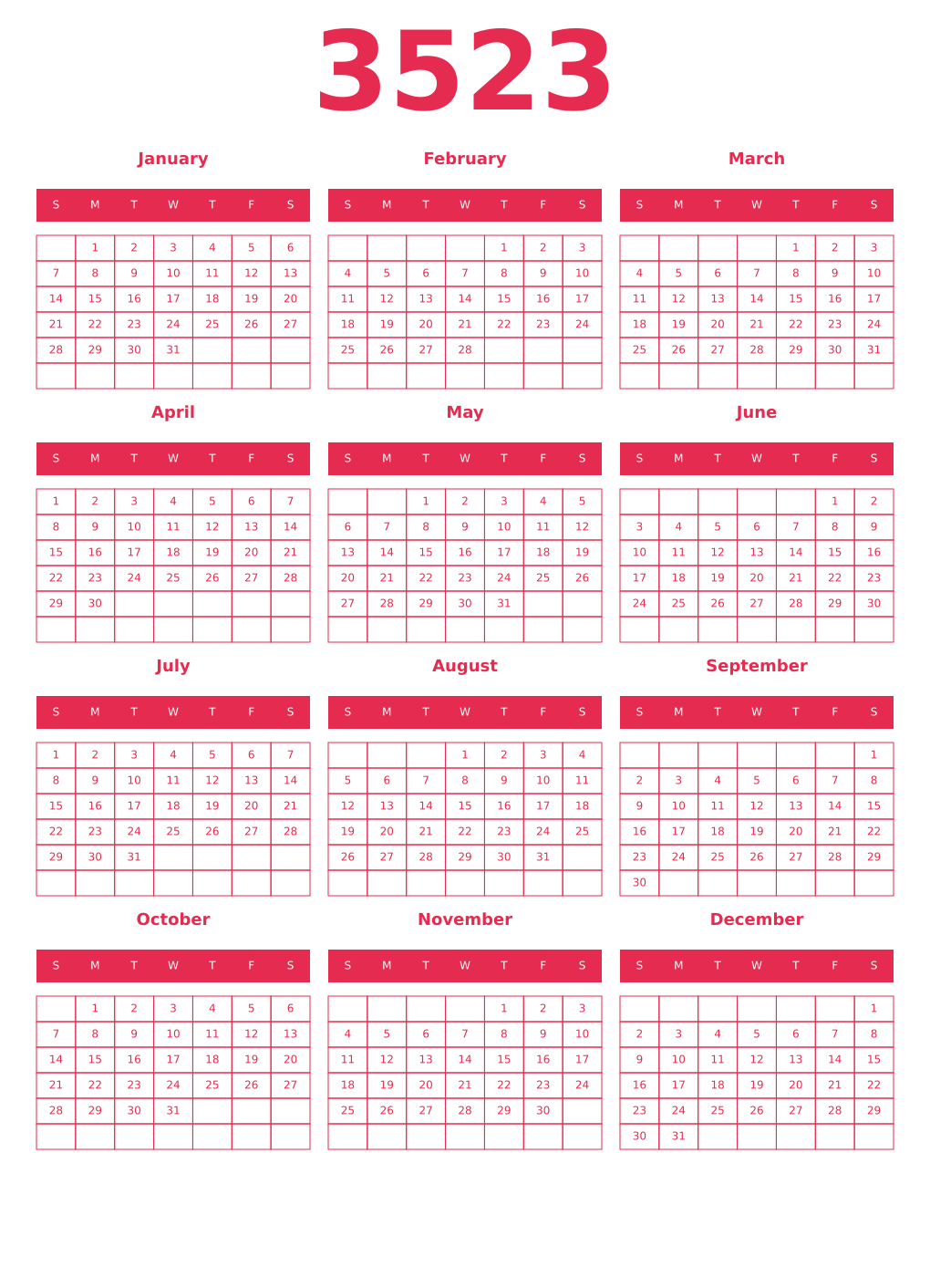 Printable 3523 Year Calendars amaranth