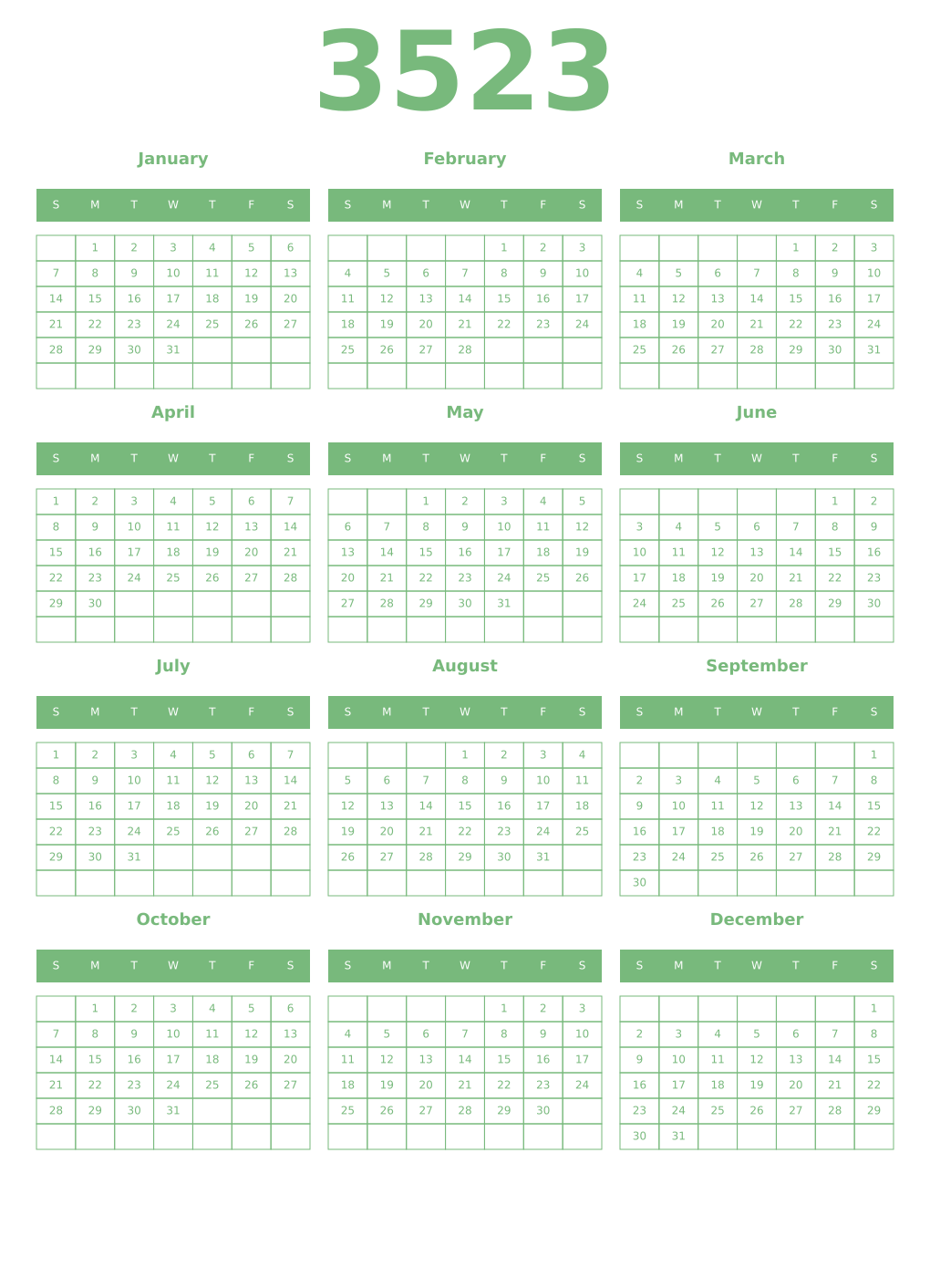 Printable 3523 Year Calendars celadon