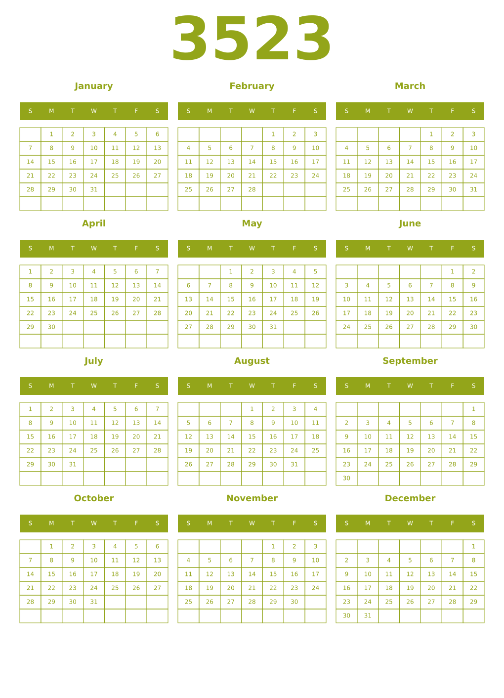 Printable 3523 Year Calendars chartreuse