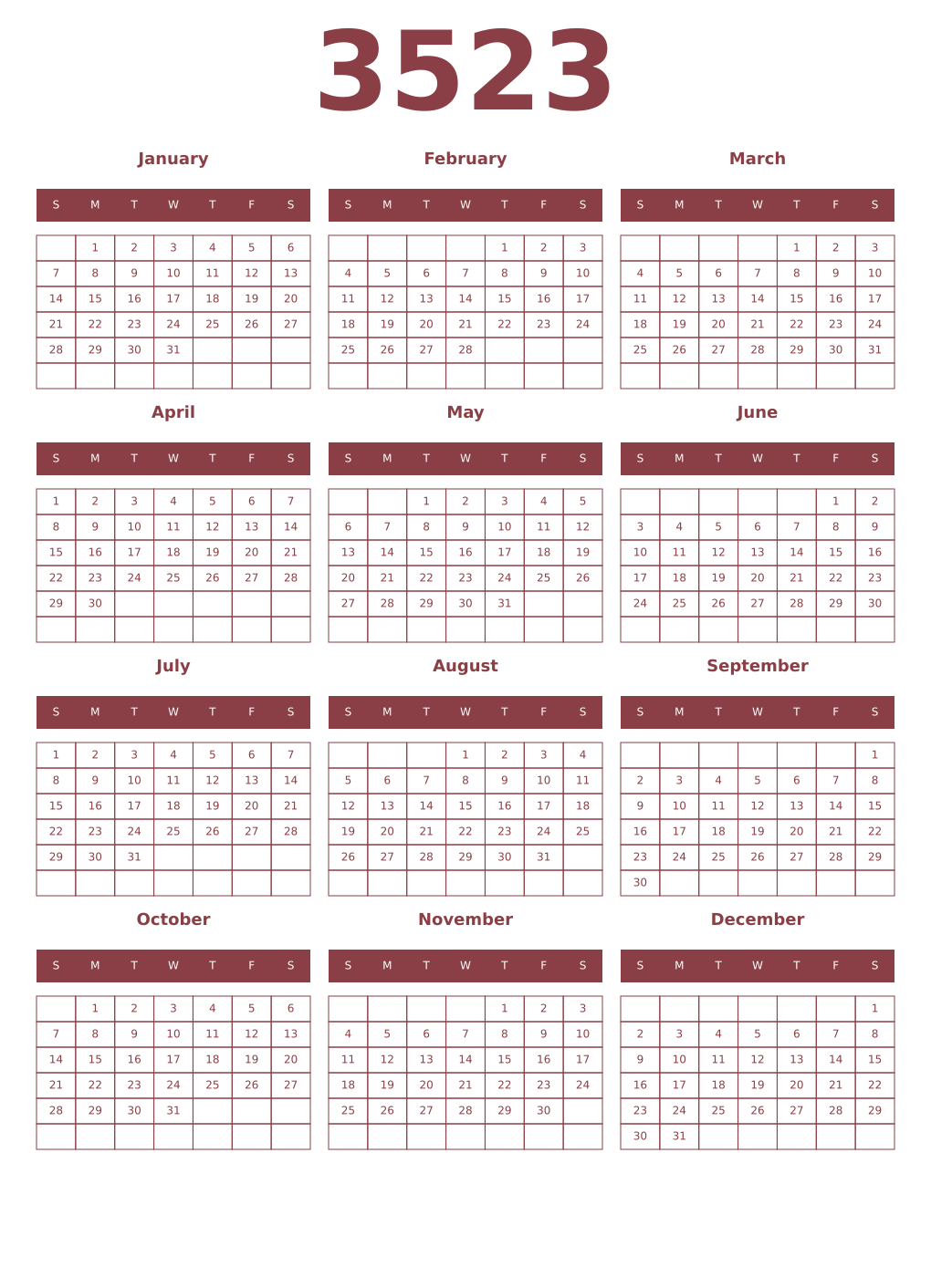 Printable 3523 Year Calendars cordovan