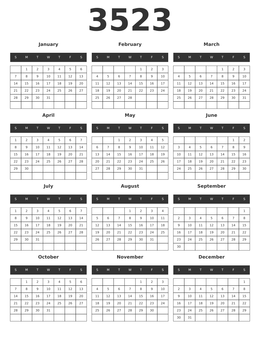 Printable 3523 Year Calendars dark