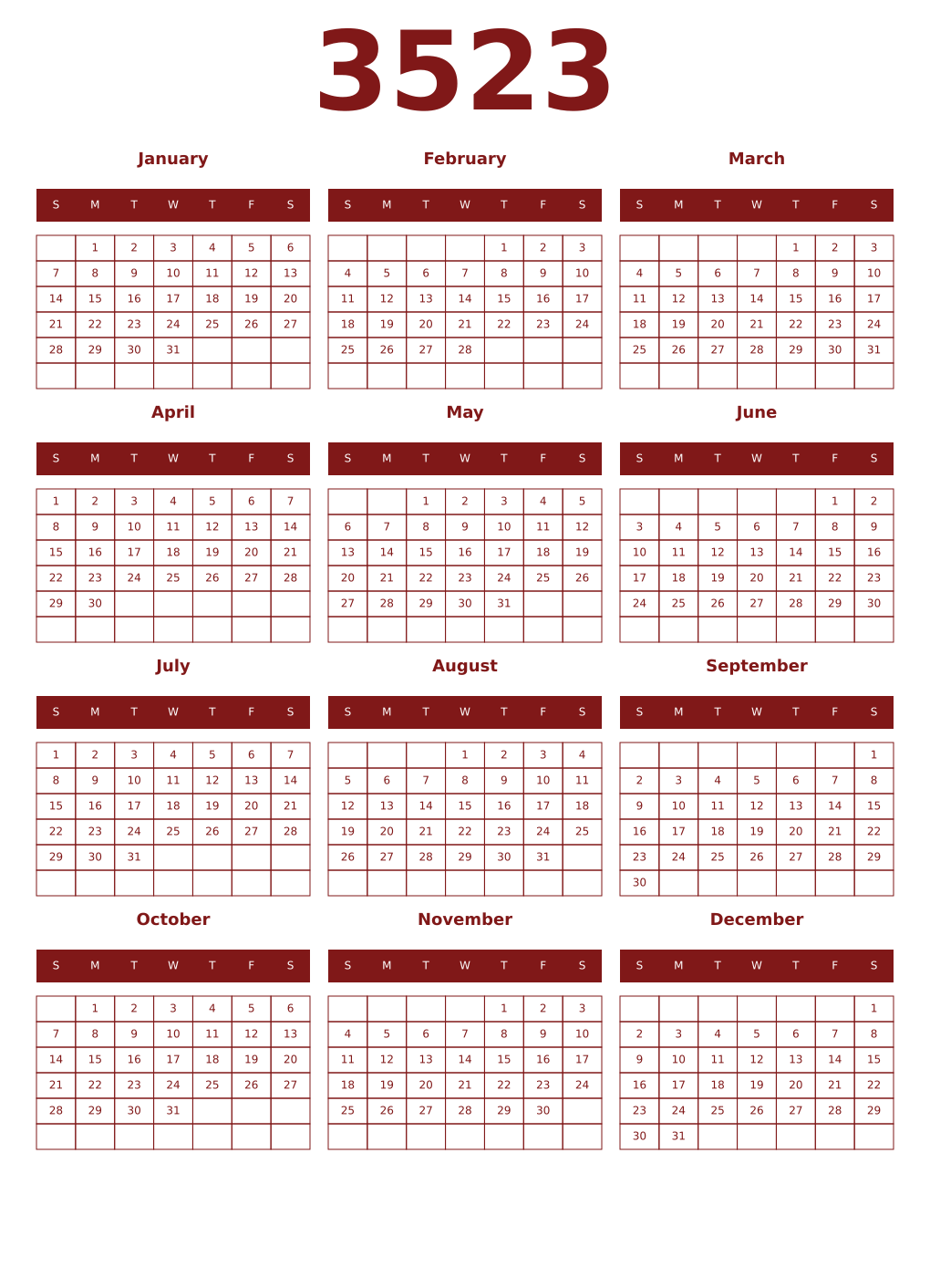 Printable 3523 Year Calendars falu