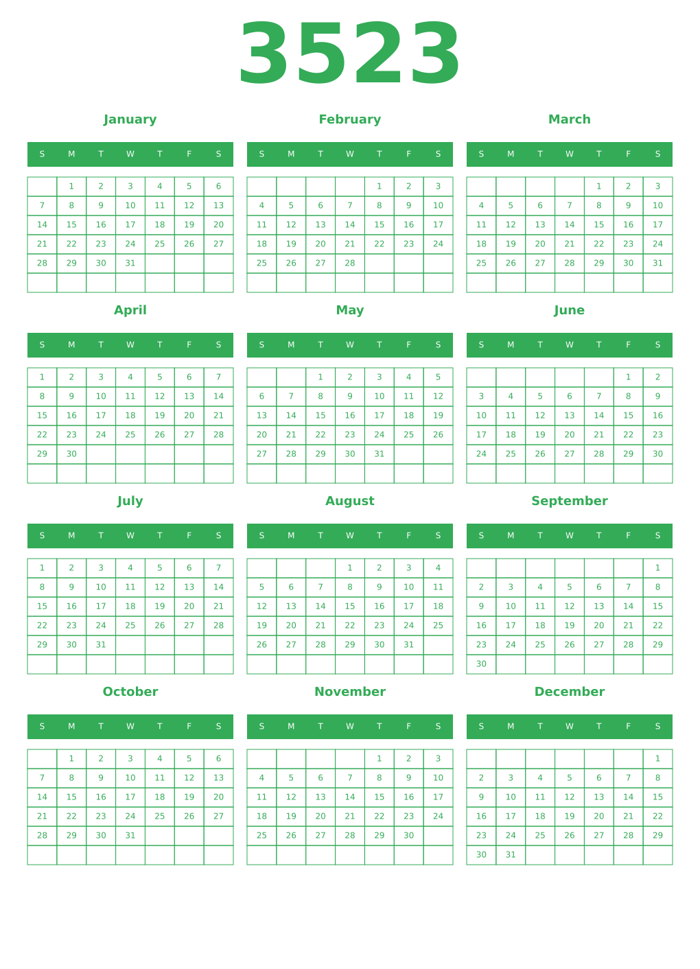 Printable 3523 Year Calendars green