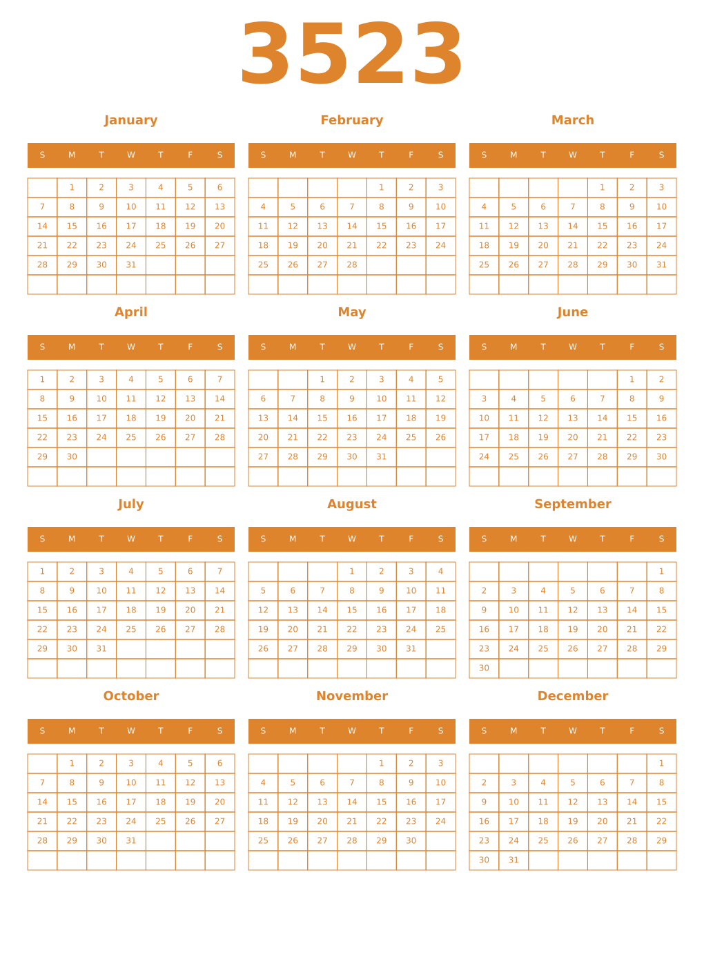 Printable 3523 Year Calendars orange