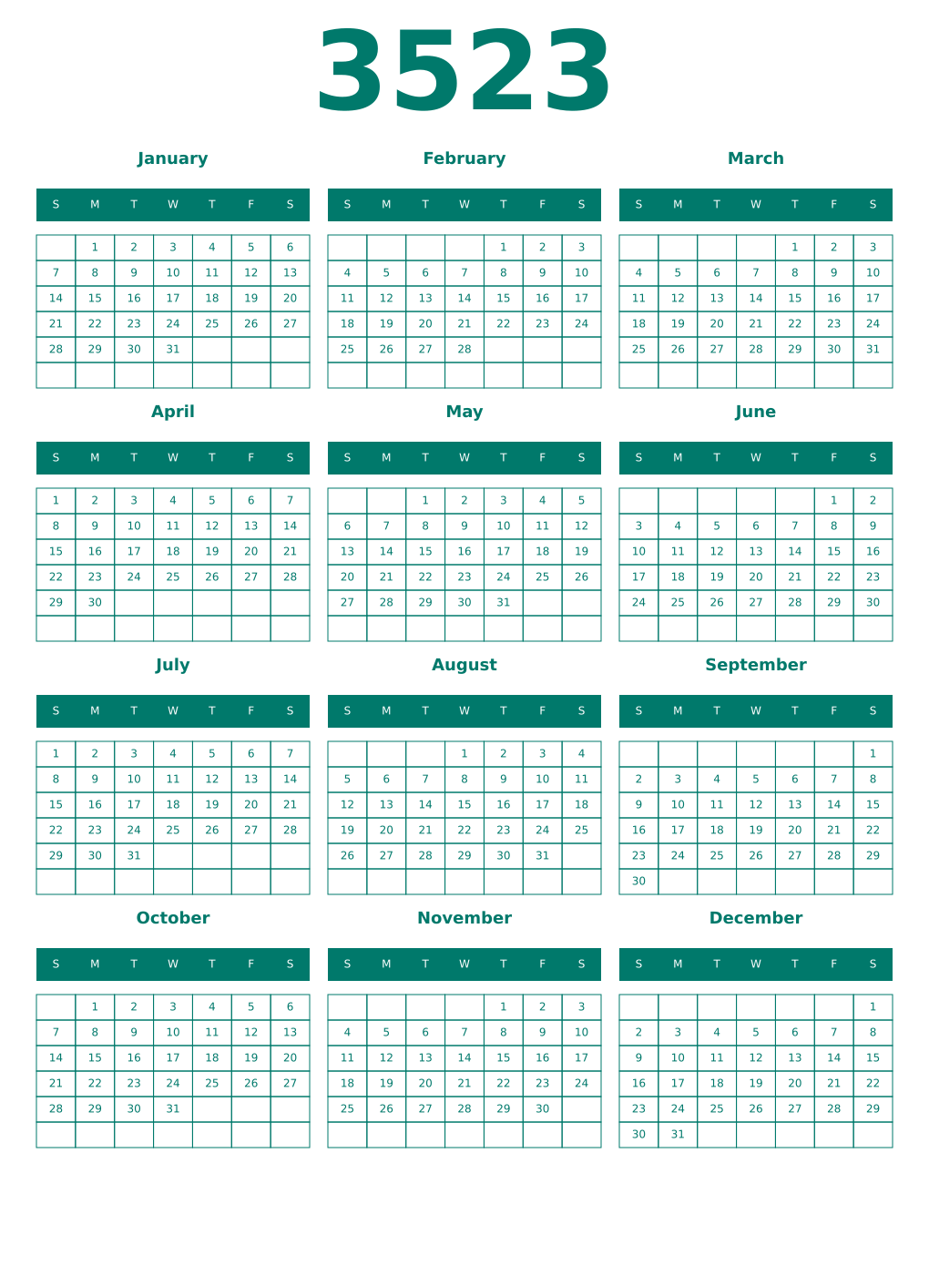 Printable 3523 Year Calendars pastel