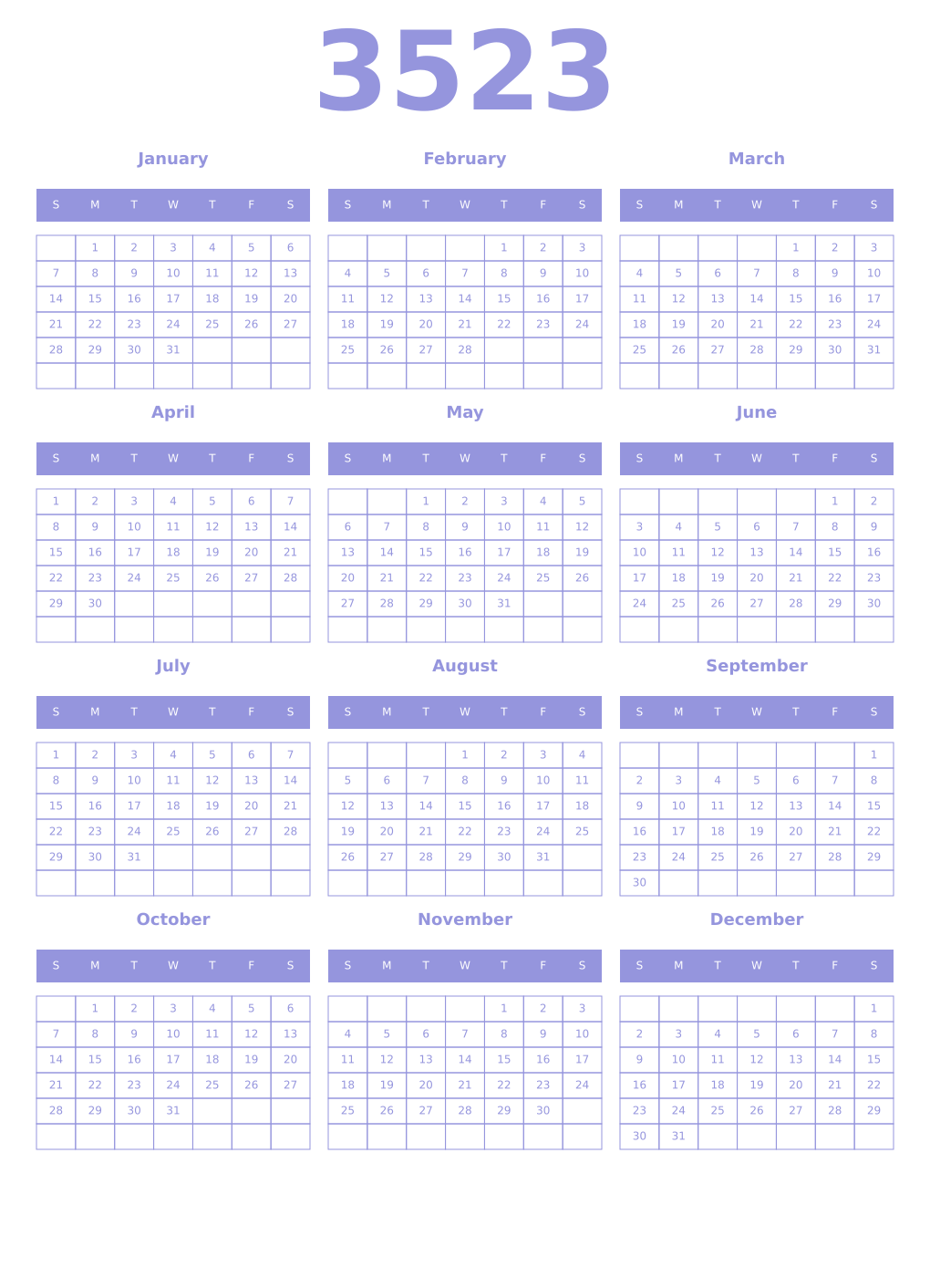 Printable 3523 Year Calendars periwinkle