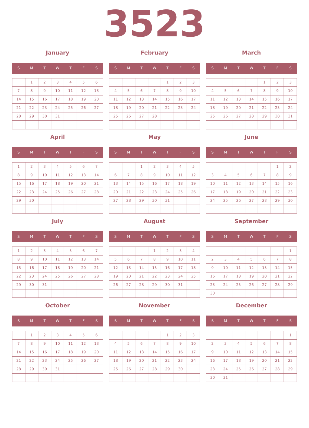 Printable 3523 Year Calendars puce