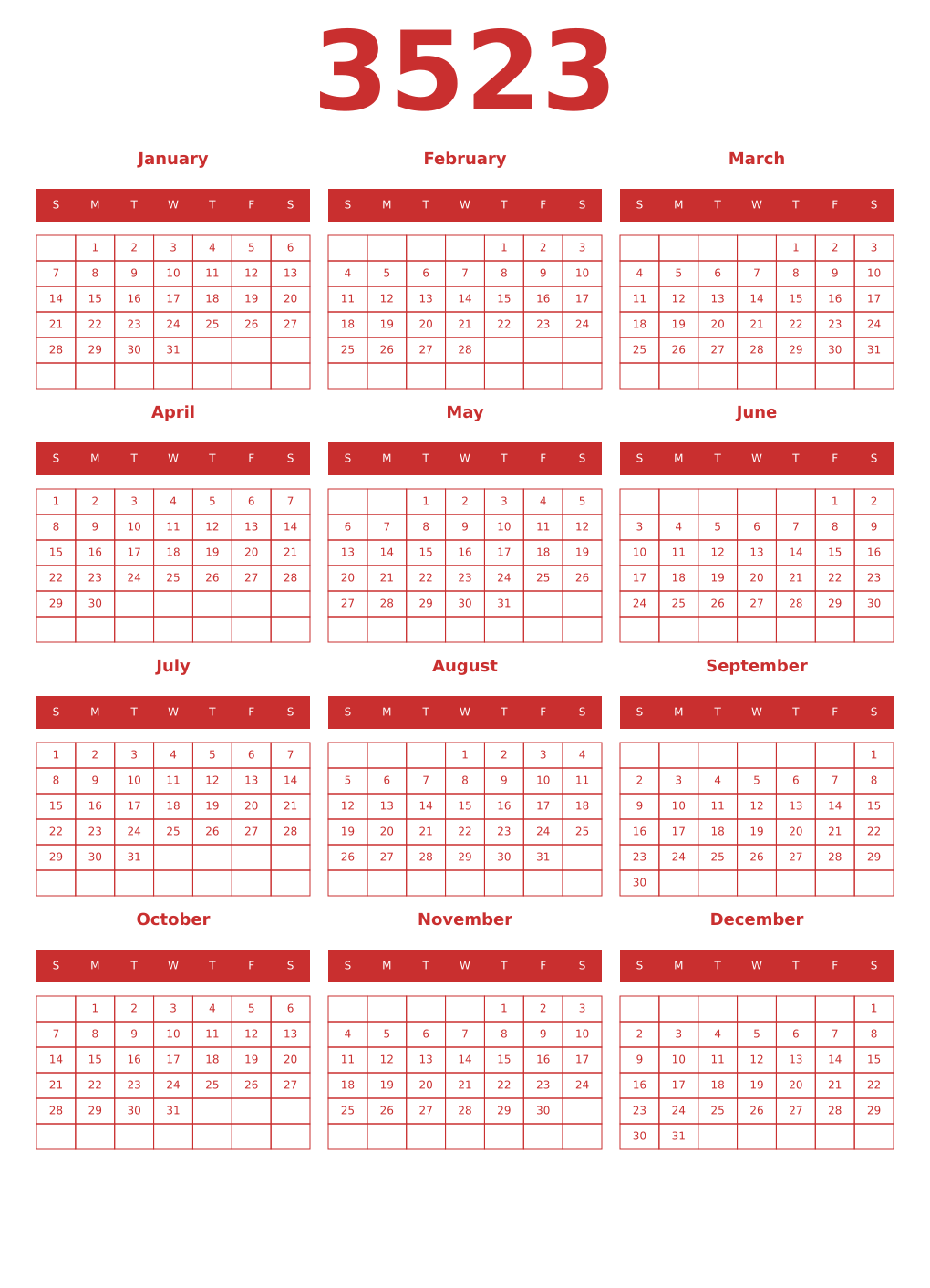Printable 3523 Year Calendars red