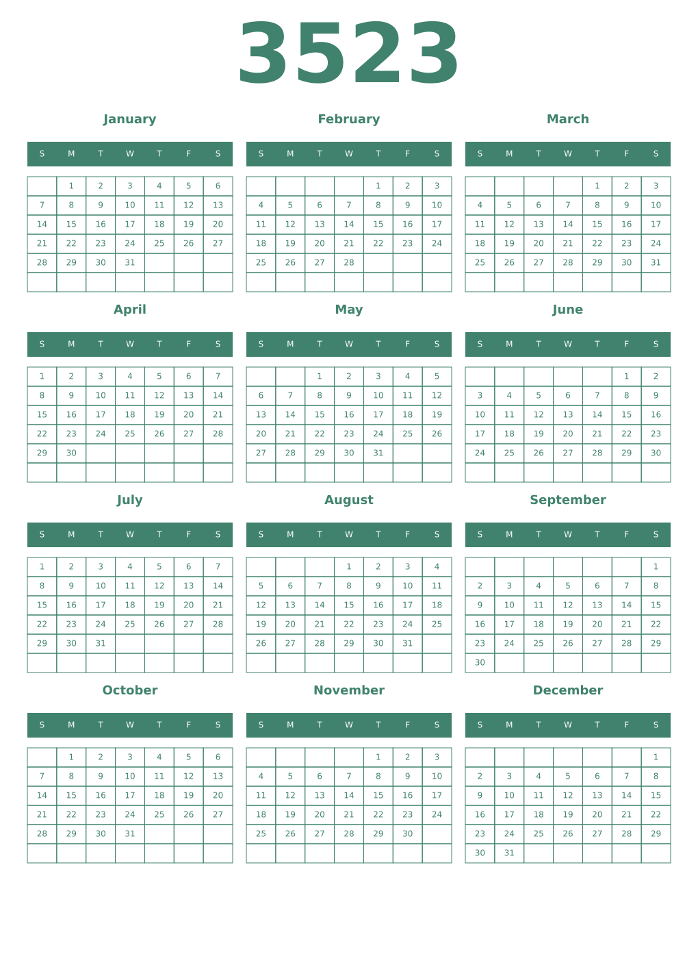 Printable 3523 Year Calendars viridian