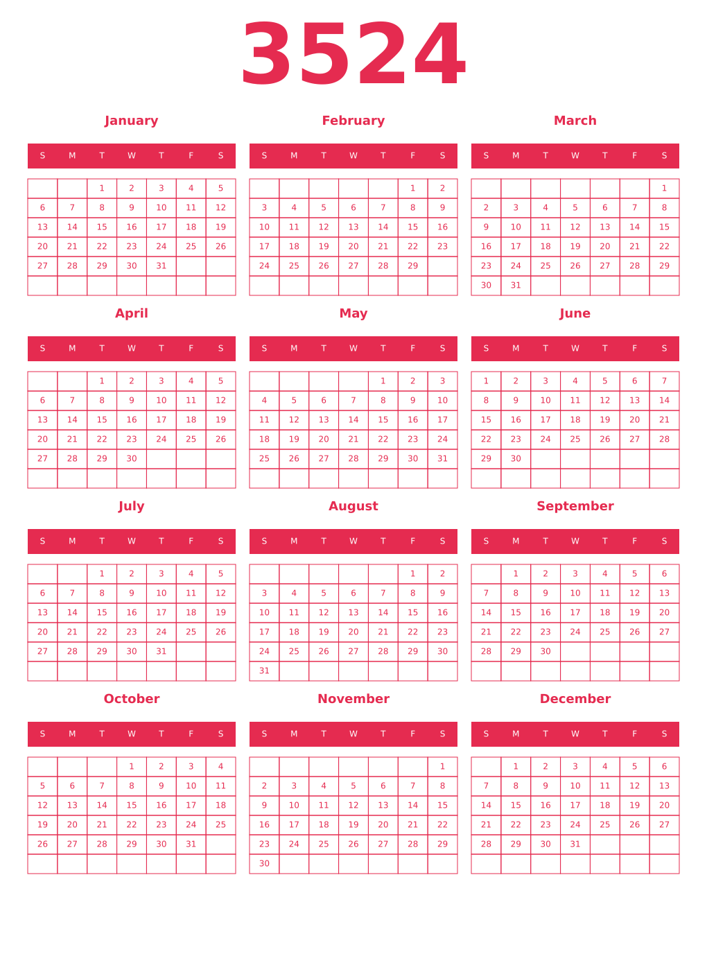 Printable 3524 Year Calendars amaranth