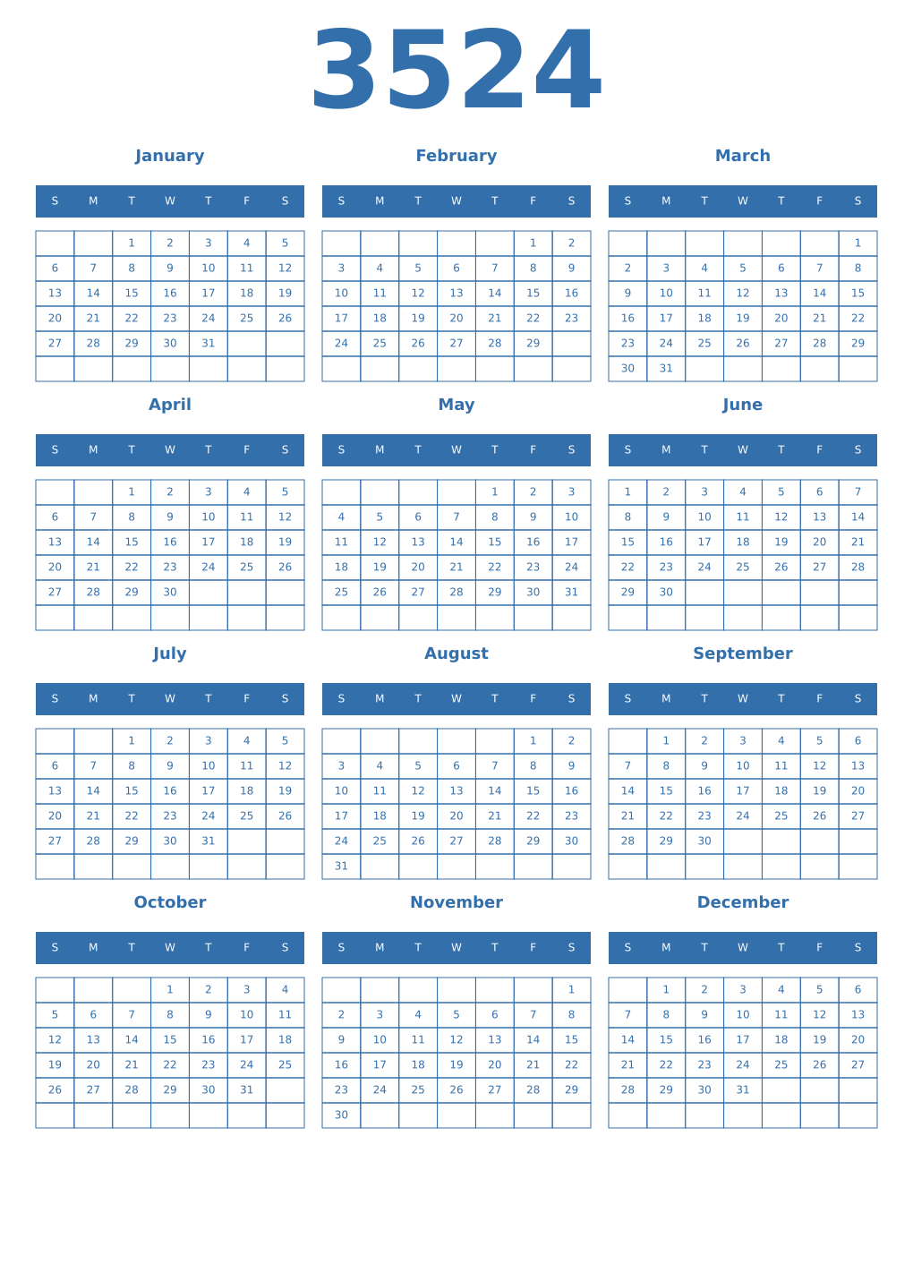 Printable 3524 Year Calendars blue