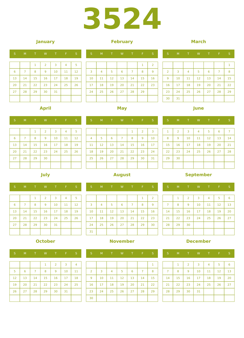 Printable 3524 Year Calendars chartreuse