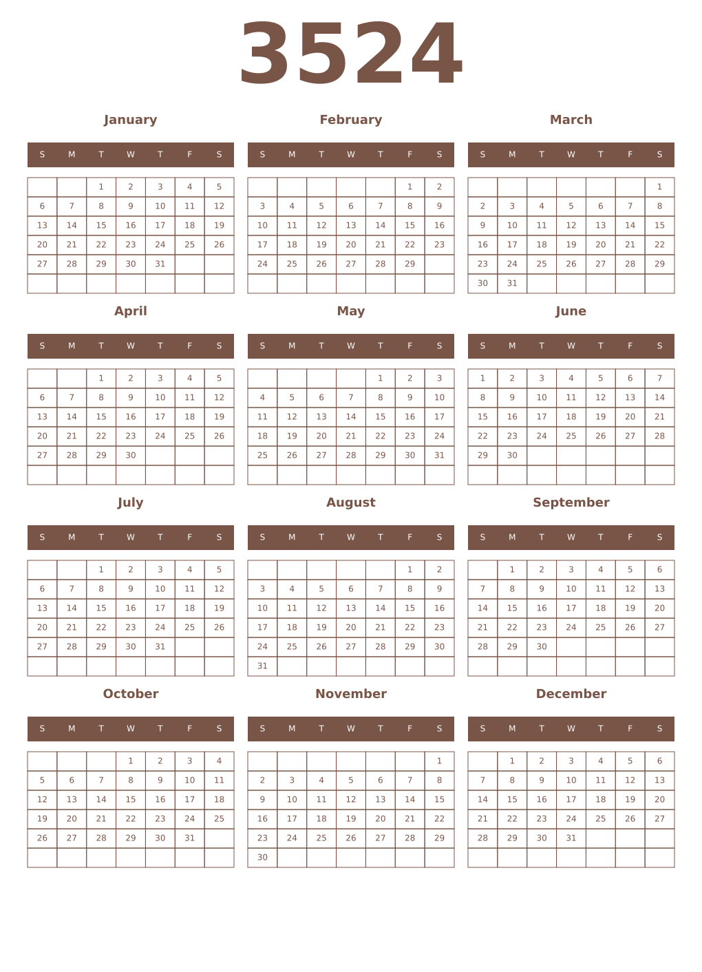 Printable 3524 Year Calendars coffe