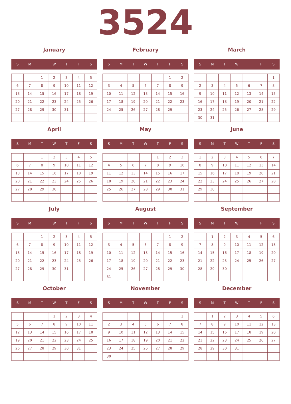 Printable 3524 Year Calendars cordovan