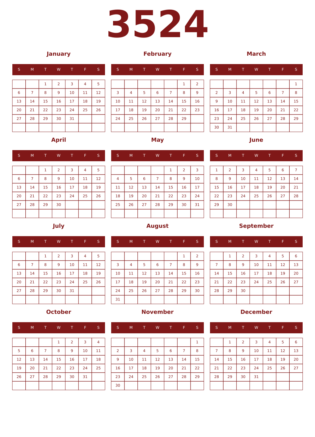 Printable 3524 Year Calendars falu