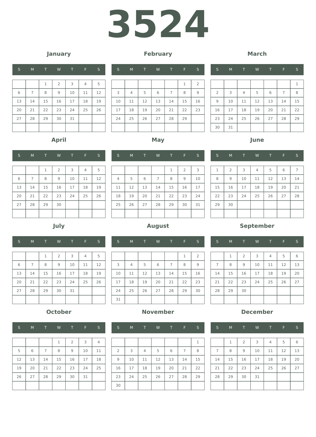 Printable 3524 Year Calendars feldgrau