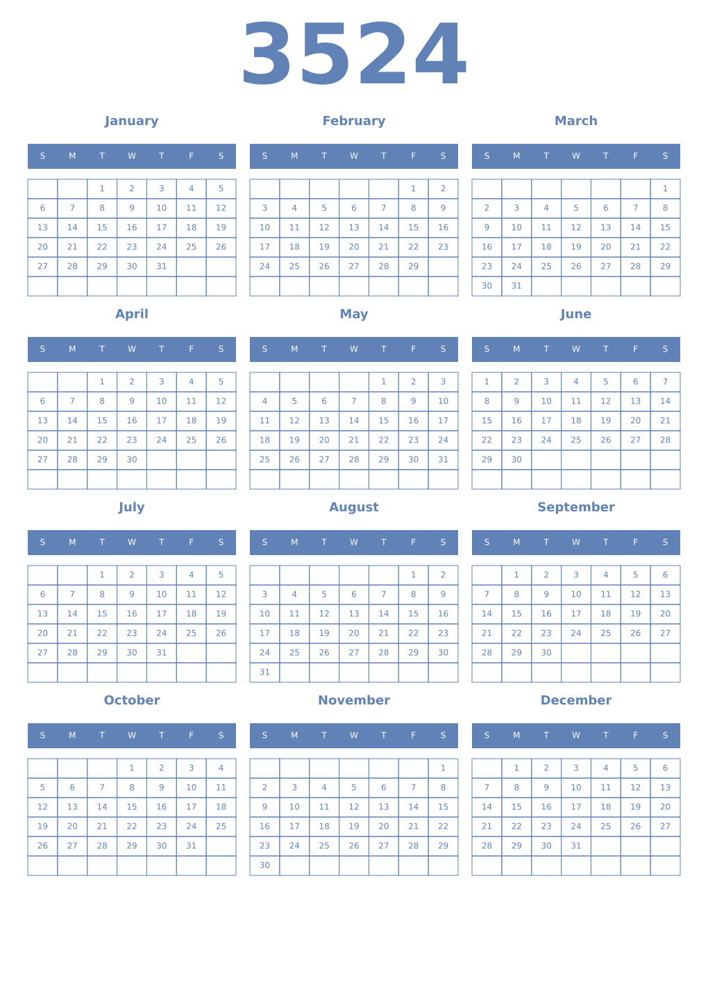 Printable 3524 Year Calendars glaucous
