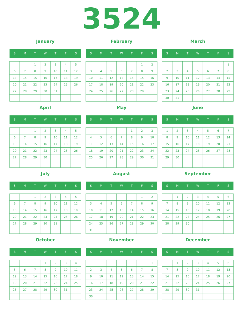 Printable 3524 Year Calendars green