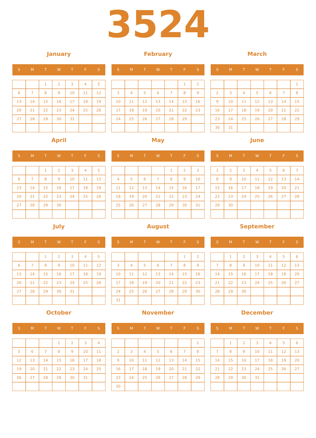 Printable 3524 Year Calendars orange