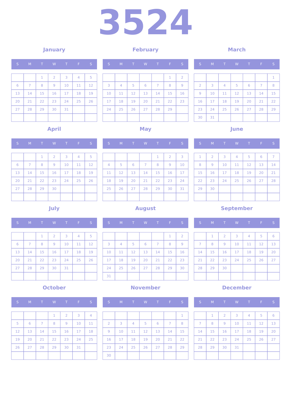 Printable 3524 Year Calendars periwinkle