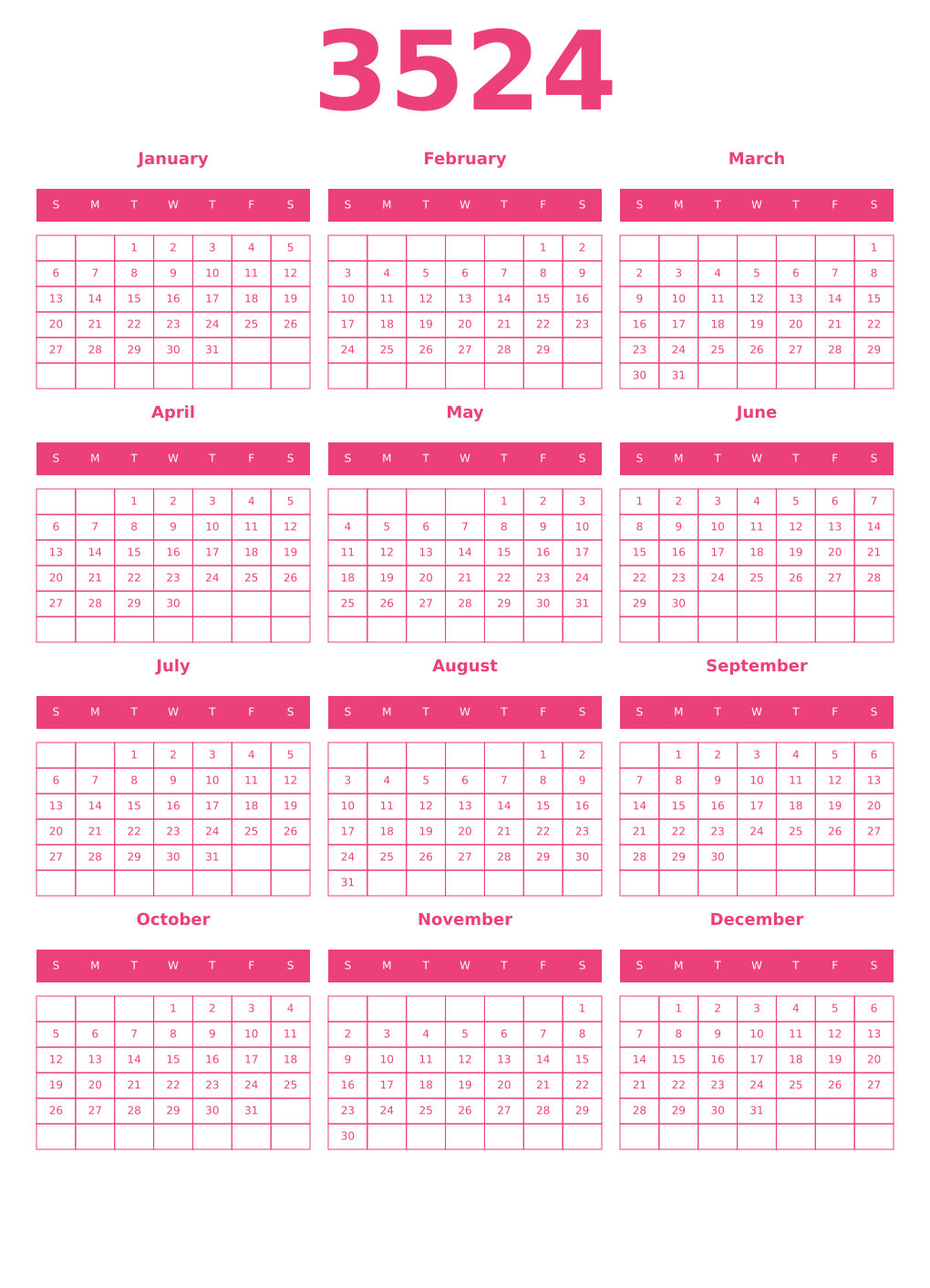 Printable 3524 Year Calendars pink