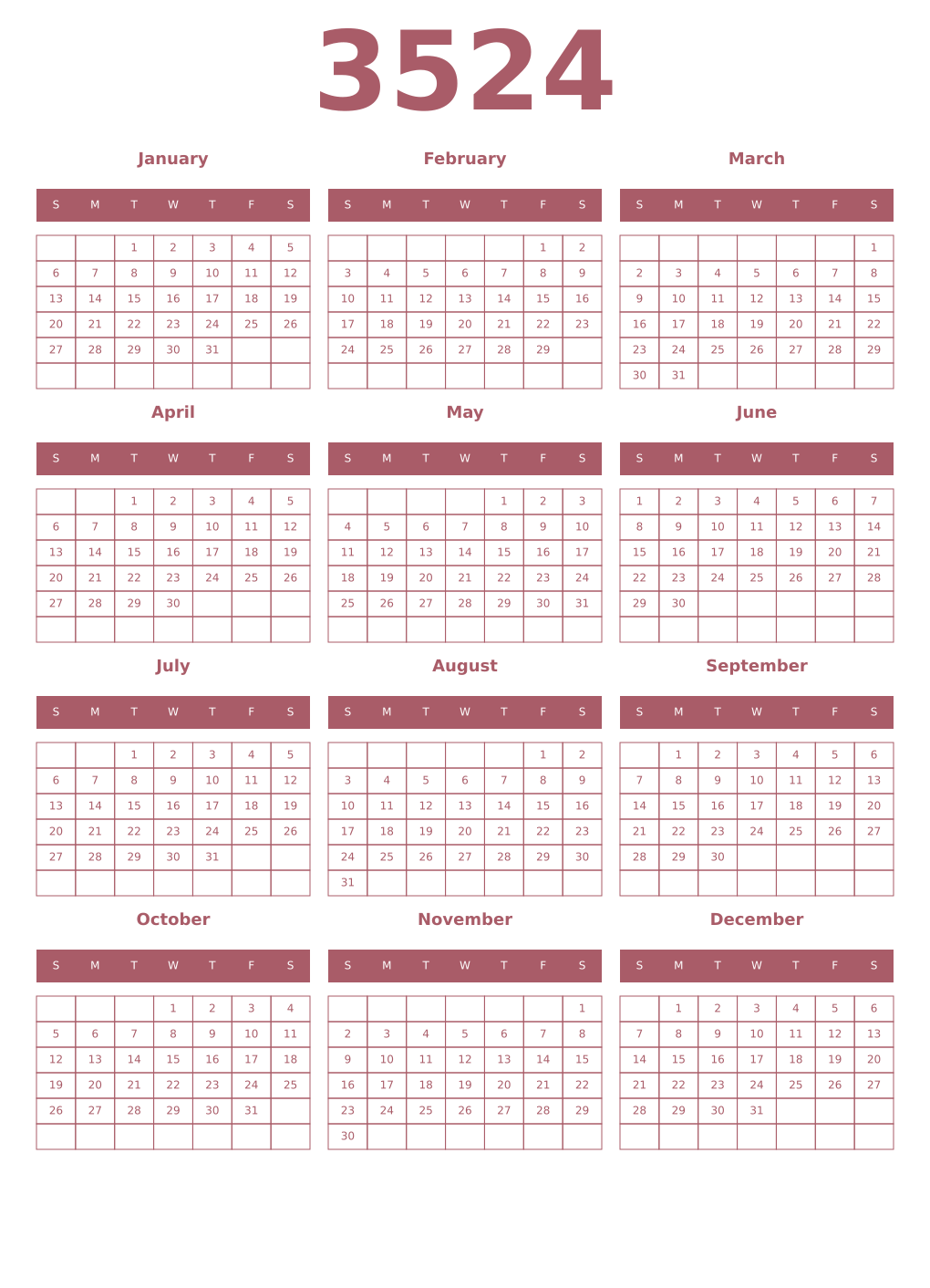 Printable 3524 Year Calendars puce