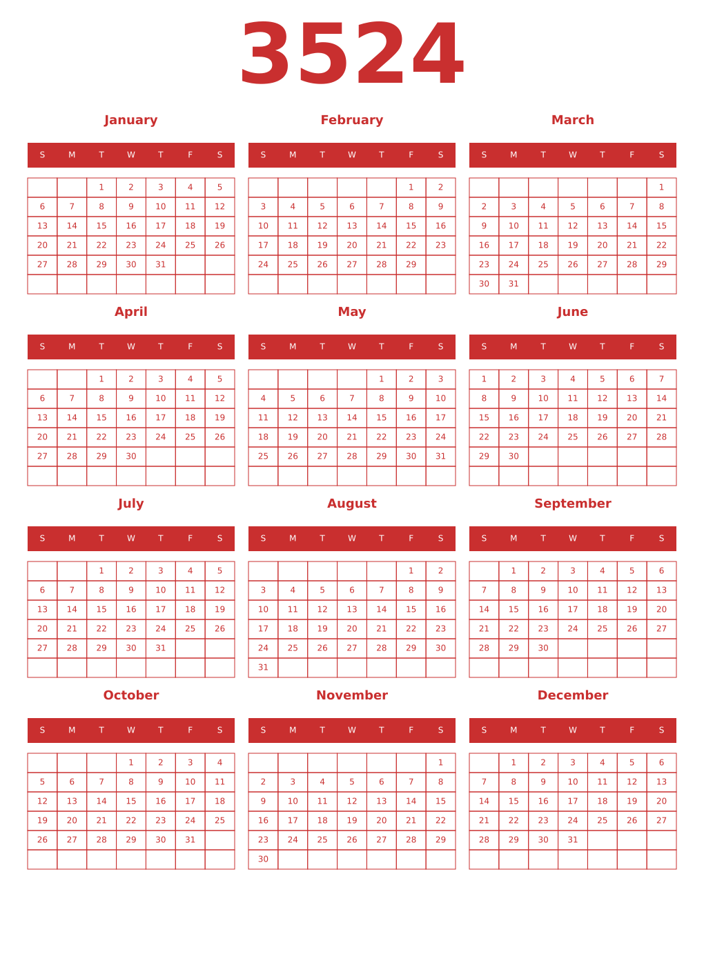Printable 3524 Year Calendars red