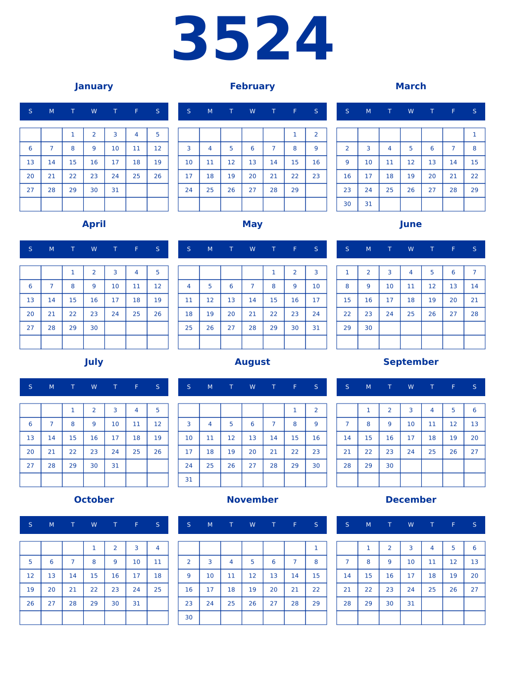 Printable 3524 Year Calendars smalt