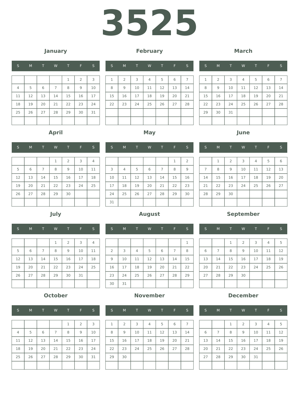 Printable 3525 Year Calendars feldgrau